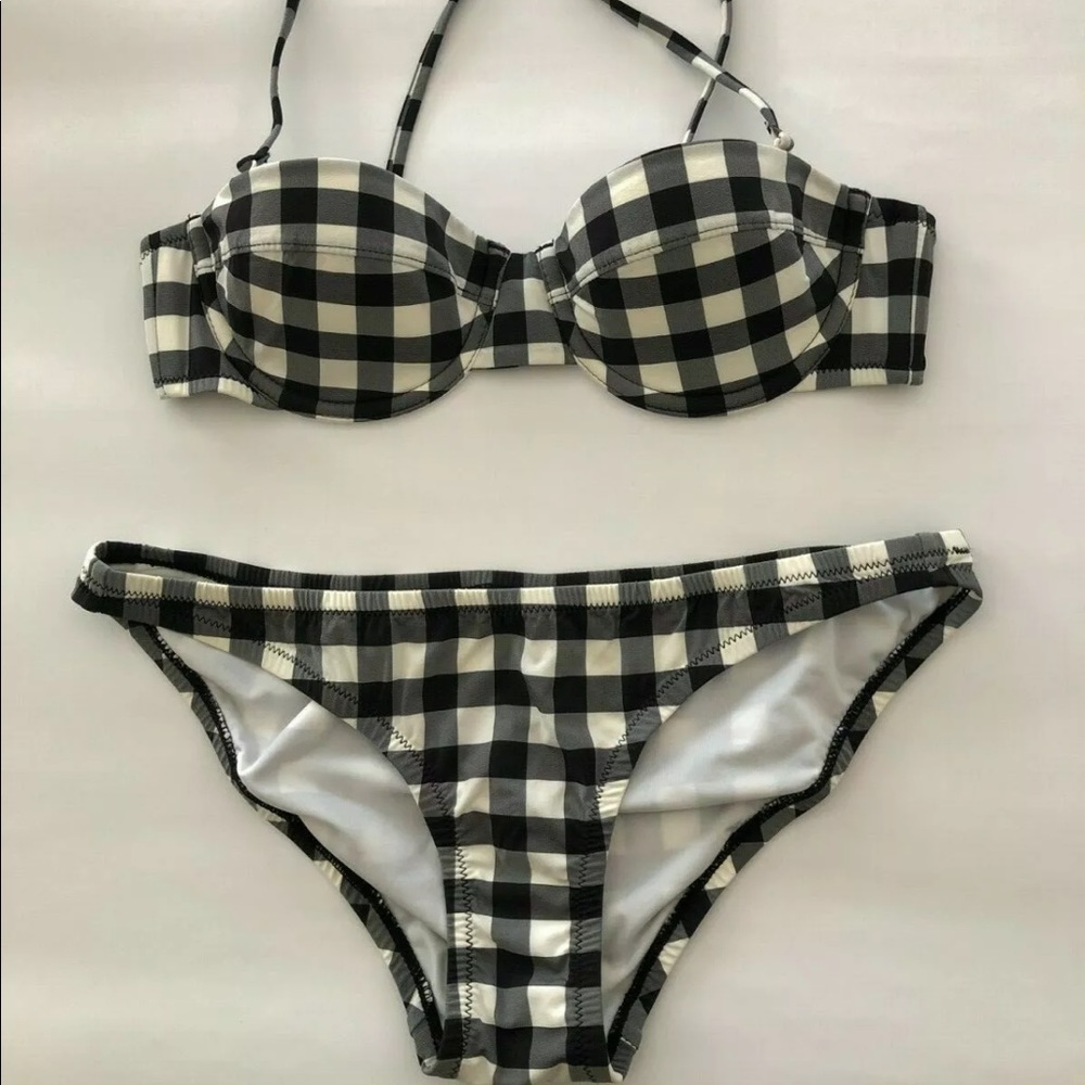 JCrew Bikini Set Black Gingham Bra Top Underwire 32B and Bikini Bottom Size XS